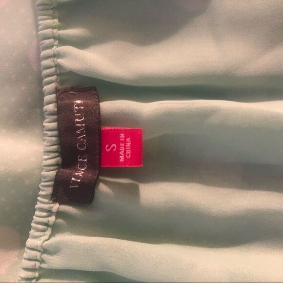 VINCE CAMUTO BLOUSE, Sea Foam Green, White Polka Dots S - Picture 3 of 4